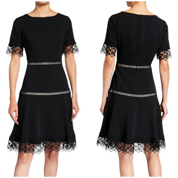 Shani NWT Lace-Trim Crepe Fit & Flare Dress Black Size 4 Crepe Career Wedding - Picture 1 of 10
